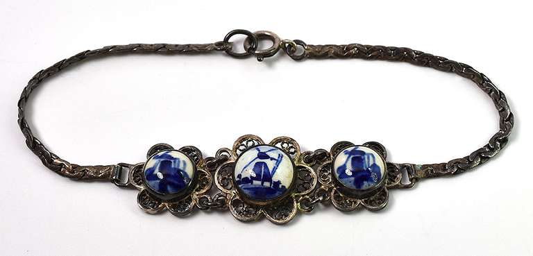 Vintage Dutch Ceramic Windmills Bracelet in Sterling Silver