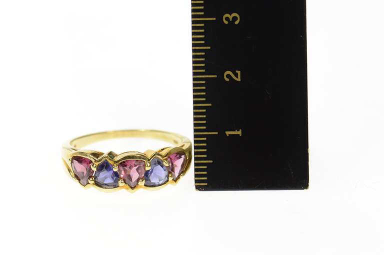 10K Yellow Gold Pink Tourmaline Tanzanite Trillion Band Ring