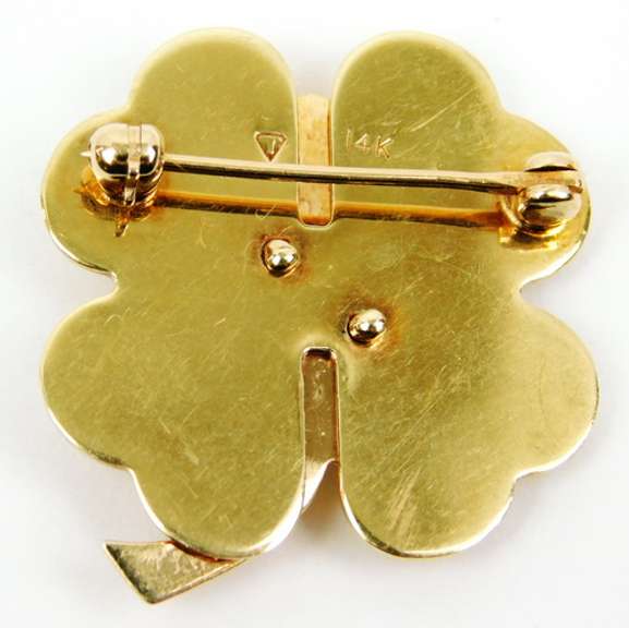 Heavy 14K Diamond 4-Leaf Clover Brooch