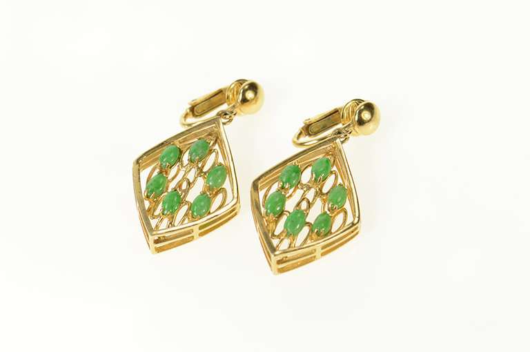 14K Yellow Gold 1960's Jade Ornate Squared Layered Look Clip Earrings