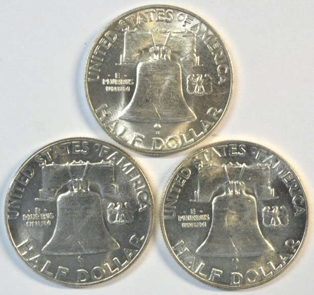 Near Gem BU 1949, 1950, & 1951 Franklin Half Dollars