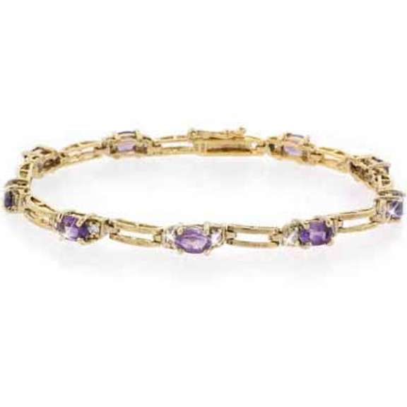 18K Gold over Sterling Silver Amethyst  & Diamond Accent Rectangle Link Bracelet