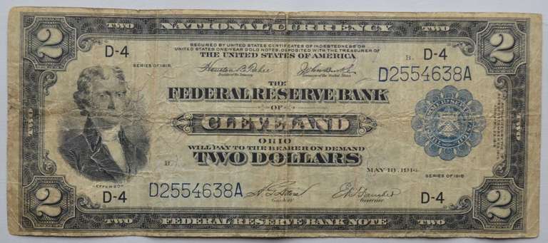 $ 2 Battleship 1914 Series Cleveland National Currency Note
