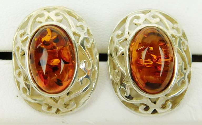 Sterling Filigree & Amber Cabochon Earrings