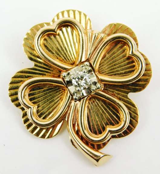 Heavy 14K Diamond 4-Leaf Clover Brooch
