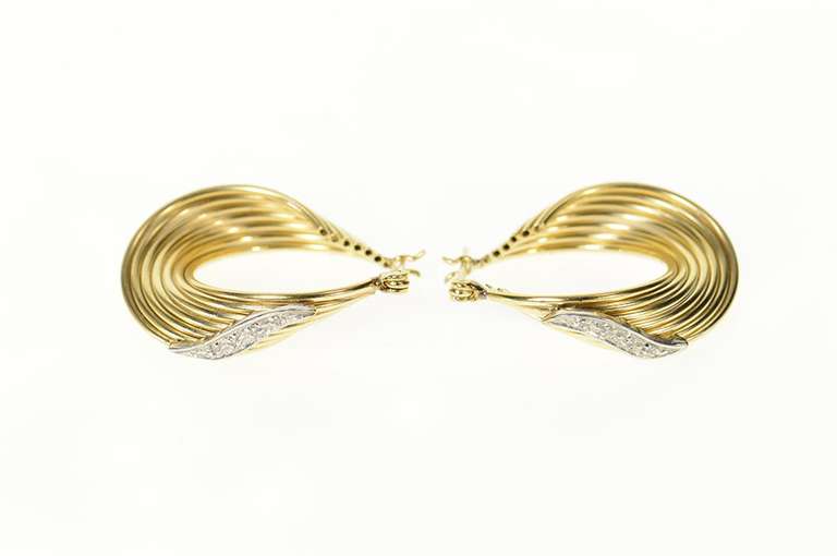 14K Yellow Gold Twist Design Diamond Statement Hoop Earrings