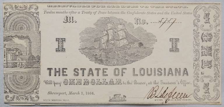 Louisiana State 1864 $ 1 Unc Note March 1 1864