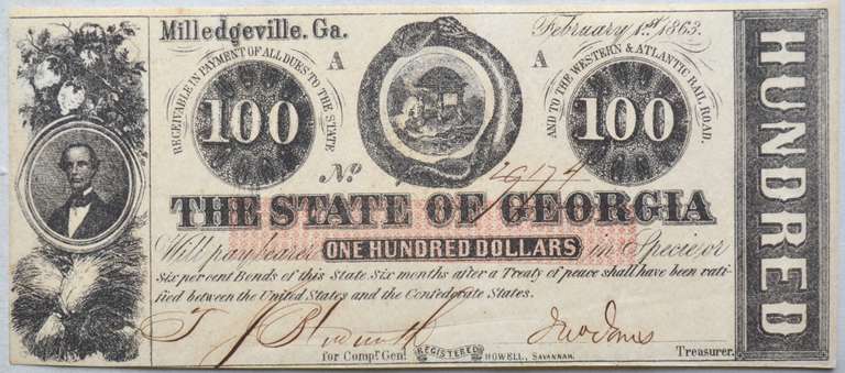 Richly Inked $100 State of Georgia $ 100 Feb 1 1863 Series Notes