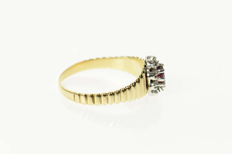 14K Yellow Gold Oval Ruby Diamond Accent Halo Grooved Ring