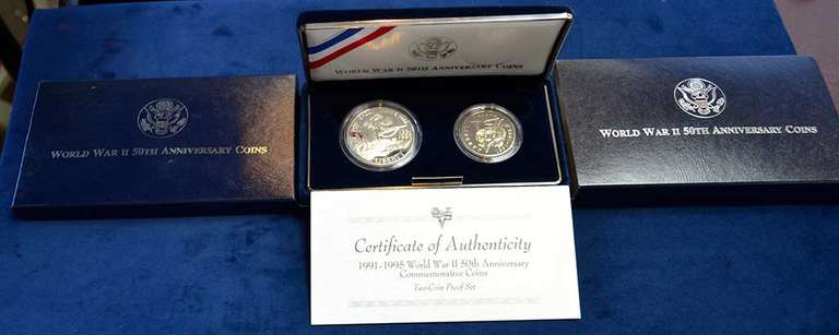 World War II 50th Anniversary Commemorative Coins. Two-Coin Proof Set.
