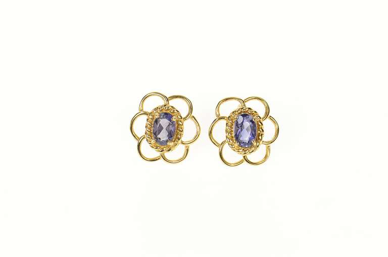 14K Yellow Gold Iolite Scalloped Trim Statement Stud Earrings