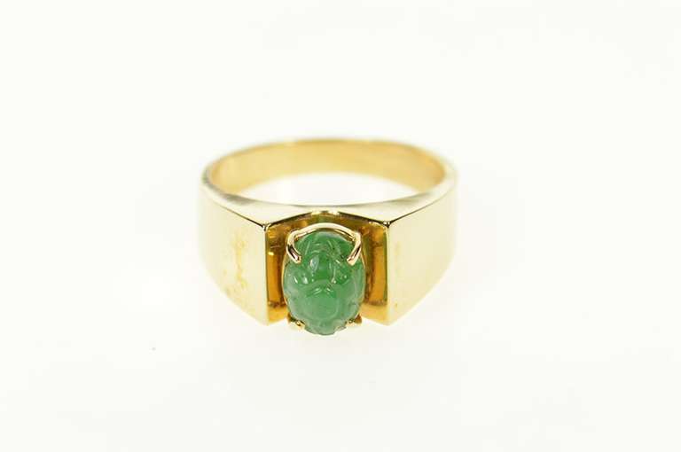 14K Yellow Gold Oval Carved Jade Floral Cabochon Statement Ring