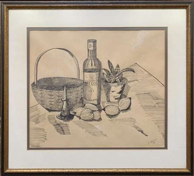 Vintage Still Life Ink Drawing Framed & Signed