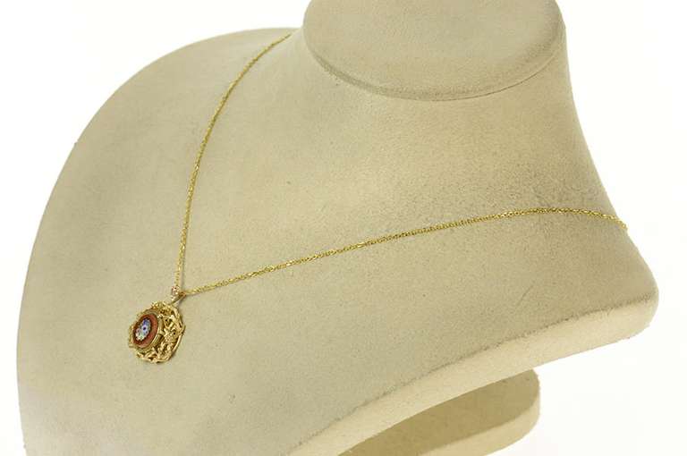 10K Yellow Gold Floral Micro Mosaic Goldstone Statement Pendant