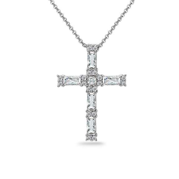 Sterling Silver Baguette-cut Cross Necklace Made with Swarovski Zirconia