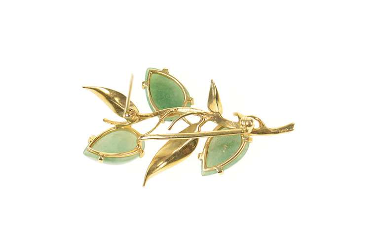 14K Yellow Gold Pear Jadeite Floral Leaf Cluster Statement Pin/Brooch