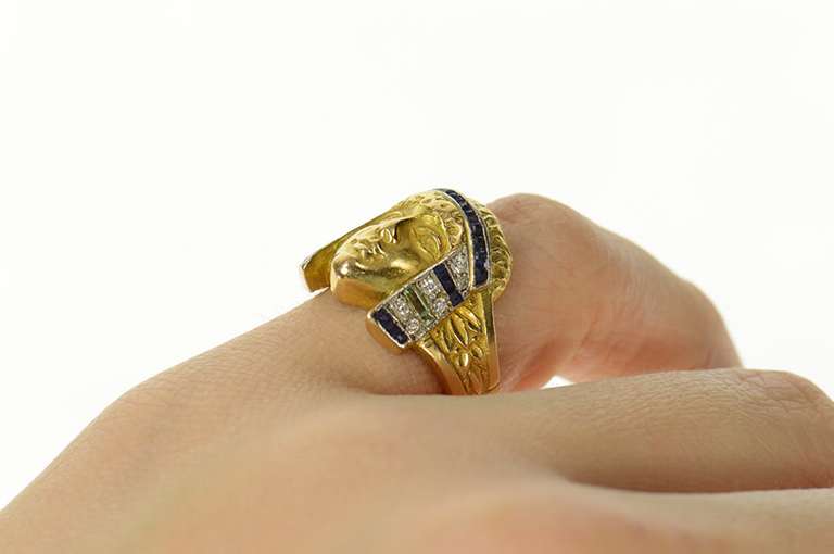 18K Yellow Gold Egyptian Diamond Sapphire Emerald Cleopatra Ring