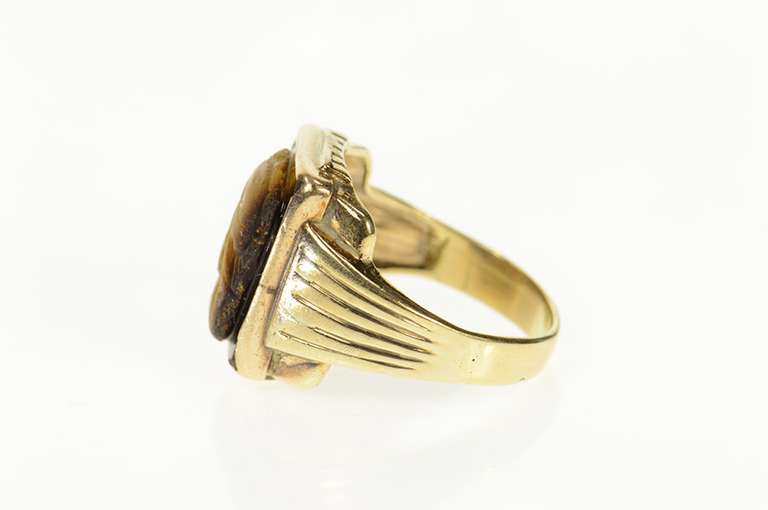 10K Yellow Gold Carved Tiger's Eye Soldier Cameo Retro Ring