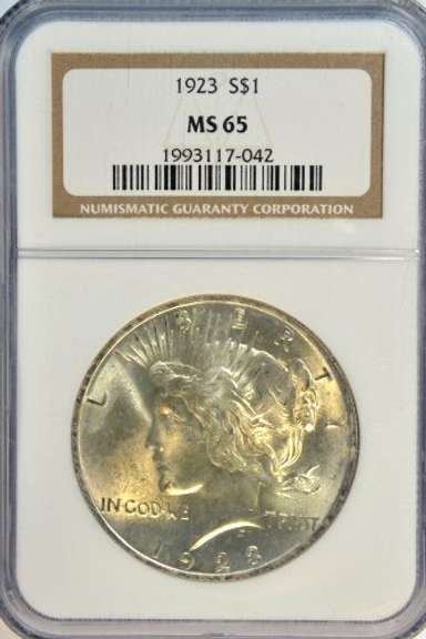 Super Gem BU 1923 Peace Silver Dollar. NGC MS65