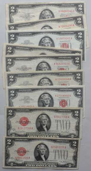 9 Assorted $2 Red Seal US Notes