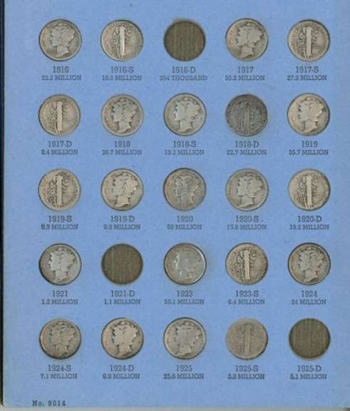 Collection of 64 different Mercury Dimes in album with a 1921.