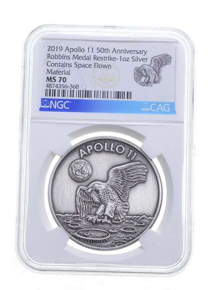 MS70 2019 Apollo 11 Anniv. Robbins Medal Restrike 1 Oz Silver NGC/CAG