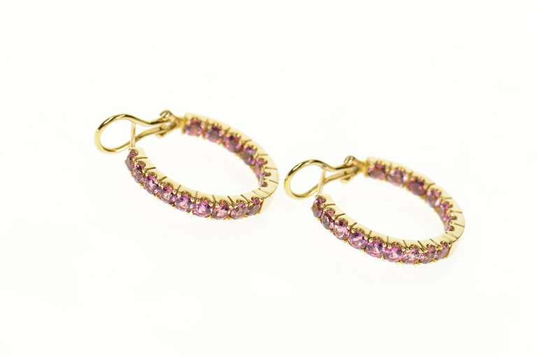 14K Yellow Gold Pink Tourmaline Inside Outside Statement Hoop Earrings