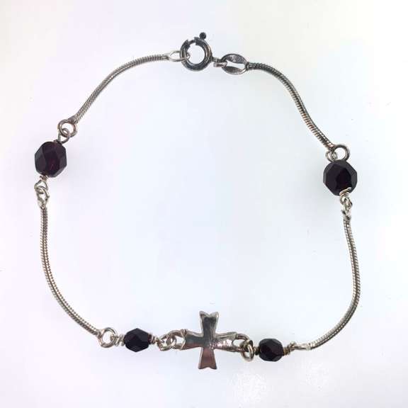 Sterling silver bracelet with silver cross charm and red beads