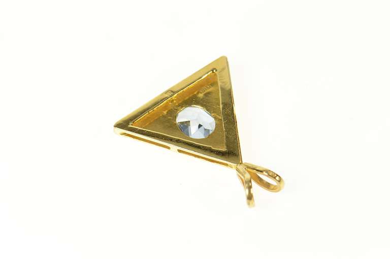 18K Yellow Gold Oval Blue Topaz Solitaire Triangle Statement Pendant