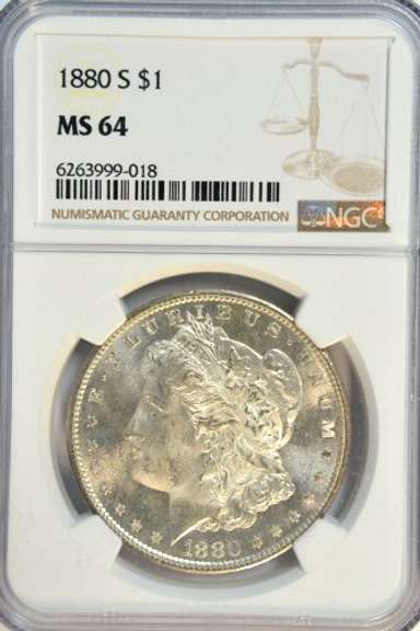 Great near Gem 1880-S Morgan Silver Dollar. NGC MS64