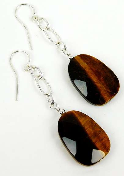 Long Sterling Silver Tiger Eye Earrings