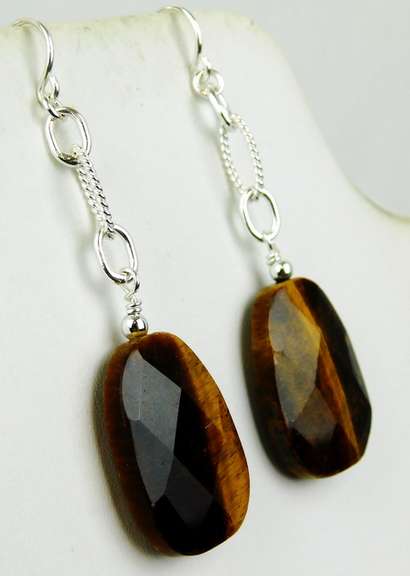 Long Sterling Silver Tiger Eye Earrings