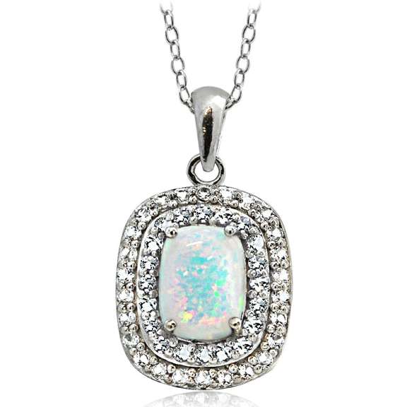Sterling Silver Created Opal with Blue & White Topaz Oval Necklace