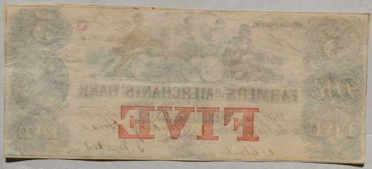 $ 5 Farmers &Merchants Bank 1852 Memphis Tenn Choice Uncirculated