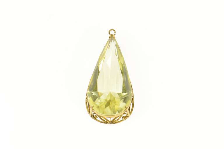 14K Yellow Gold Pear Quartz Massive Filigree Statement Pendant