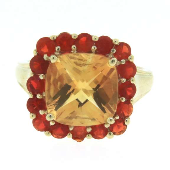 Graceful Yellow Gold Citrine & Mexican Fire Opal Halo Ring
