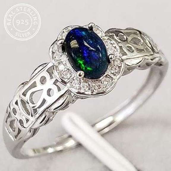 GENUINE ETHIOPIAN BLACK OPAL & CREATED WHITE SAPPHIRE 925 STERLING SILVER RINGADJUSTABLE OPEN RING