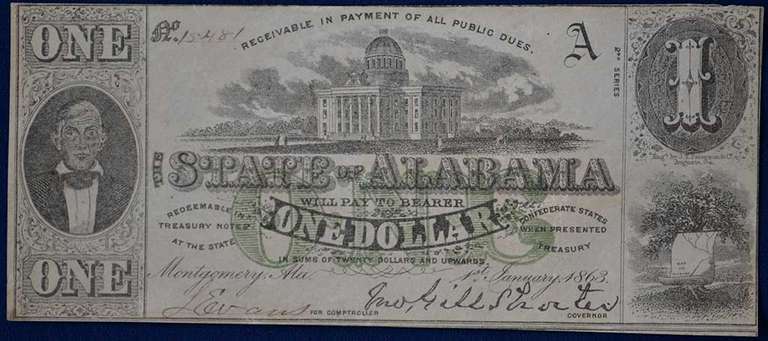 State Of Alabama, Montgomery. 1863 Confederate $1, About Uncirculated.
