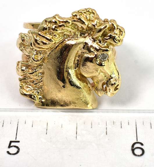 Heavy Horse Ring with Diamond Eye in 14KT Yellow Gold