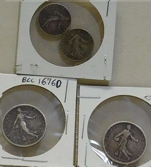 France: 4 pc Silver 50 cen & 1 Franc, World War 1 era