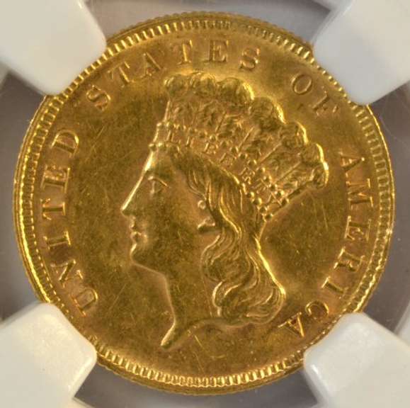 Super Near BU 1878 US $3 Gold Piece. NGC AU58