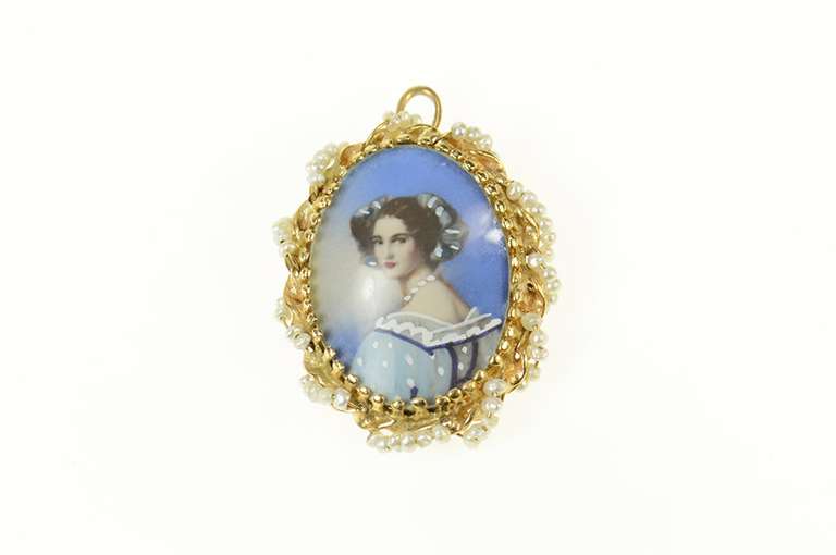 14K Yellow Gold Victorian Ornate Painted Lady Seed Pearl Pendant/Pin