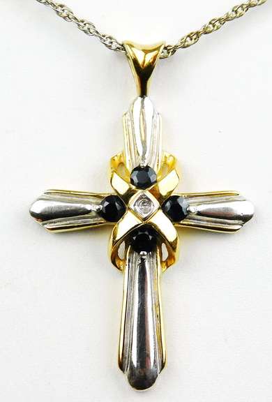 2-Tone Sterling Sapphire & Diamond Cross with Chain