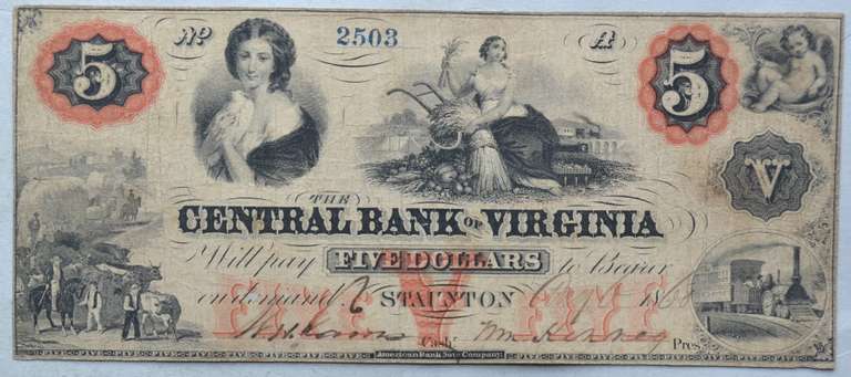 $ 5 Central Bank of Va Staunton Aug 6 1860 Note