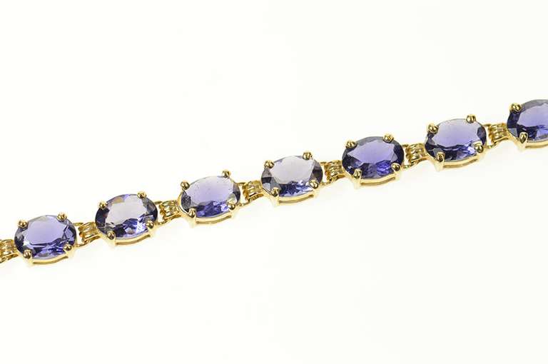 14K Yellow Gold Oval Classic Syn. Sapphire Inset Tennis Bracelet