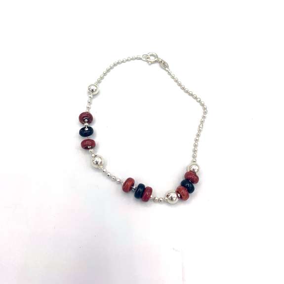 Sterling silver bracelet with black, red and silver beads