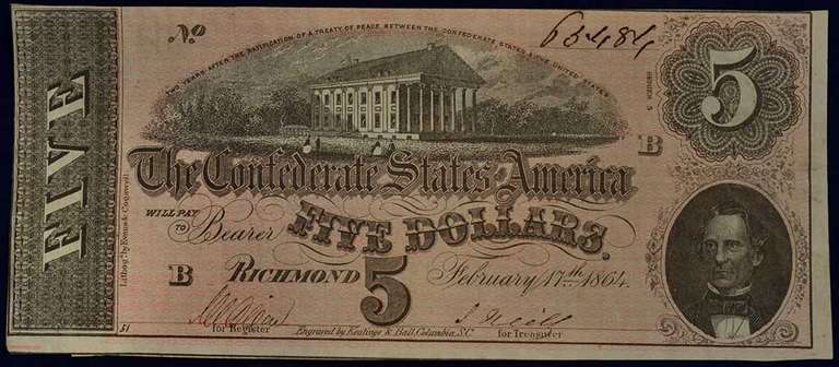 Confederate States Of America $5 Richmond February 17th 1864. Uncirculated.