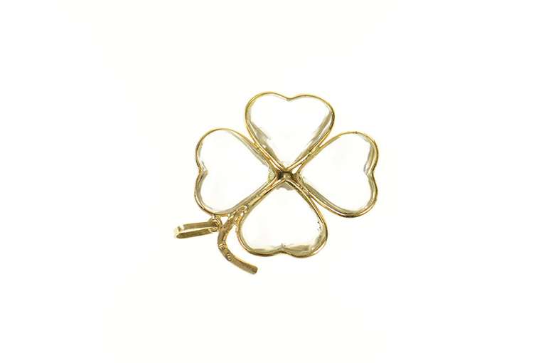 18K Yellow Gold Retro Glass Heart Shamrock Clover Lucky Pendant