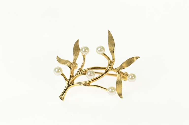 14K Yellow Gold Pearl Tree Vine Leaf Motif Statement Pin/Brooch