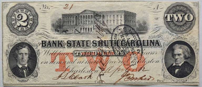 $ 2 April 1862 Bank of South Carolina Charleston Well Inked Note